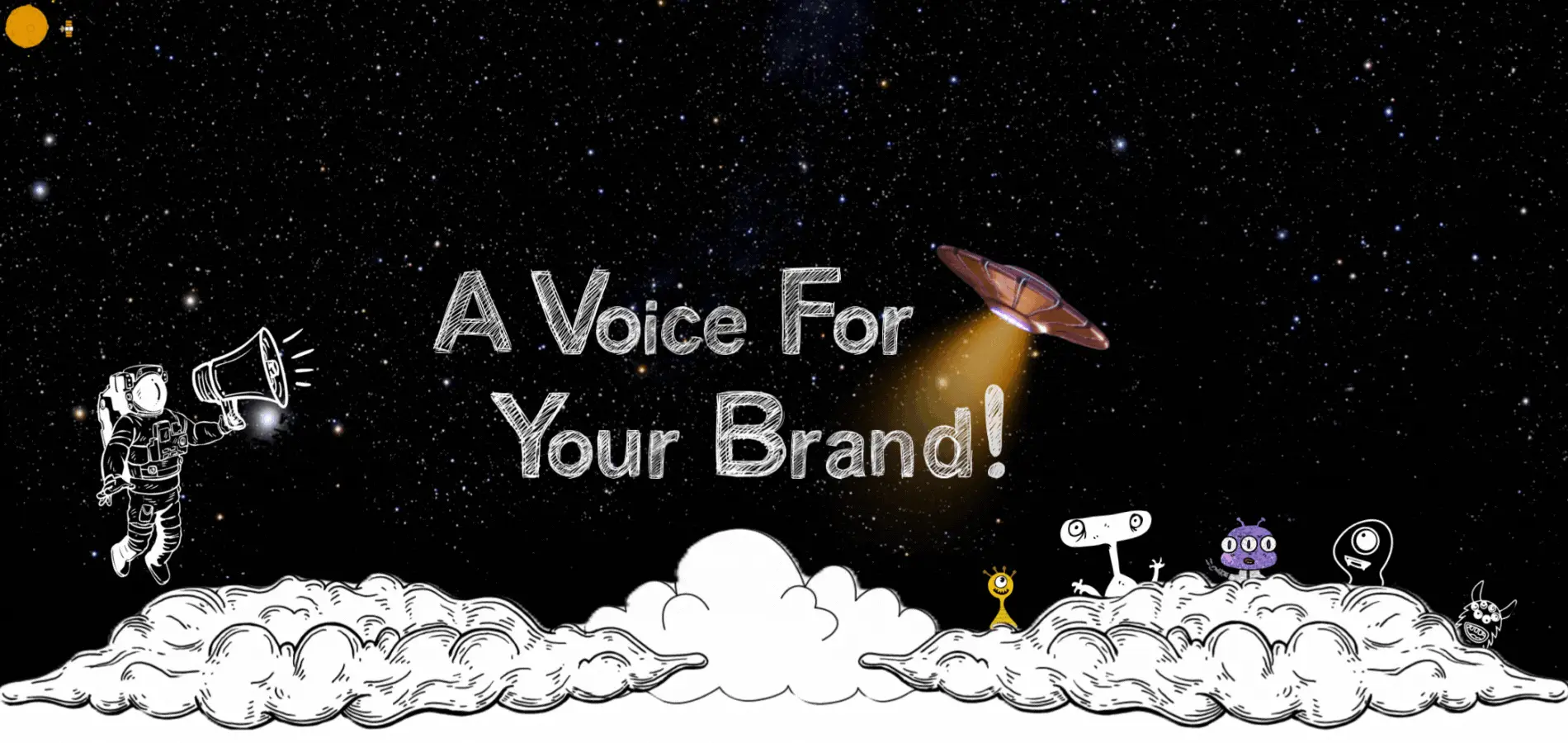 A rocket in space with a megaphone astronaut and a UFO illustrating 'A Voice For Your Brand' in a whimsical space-themed design.