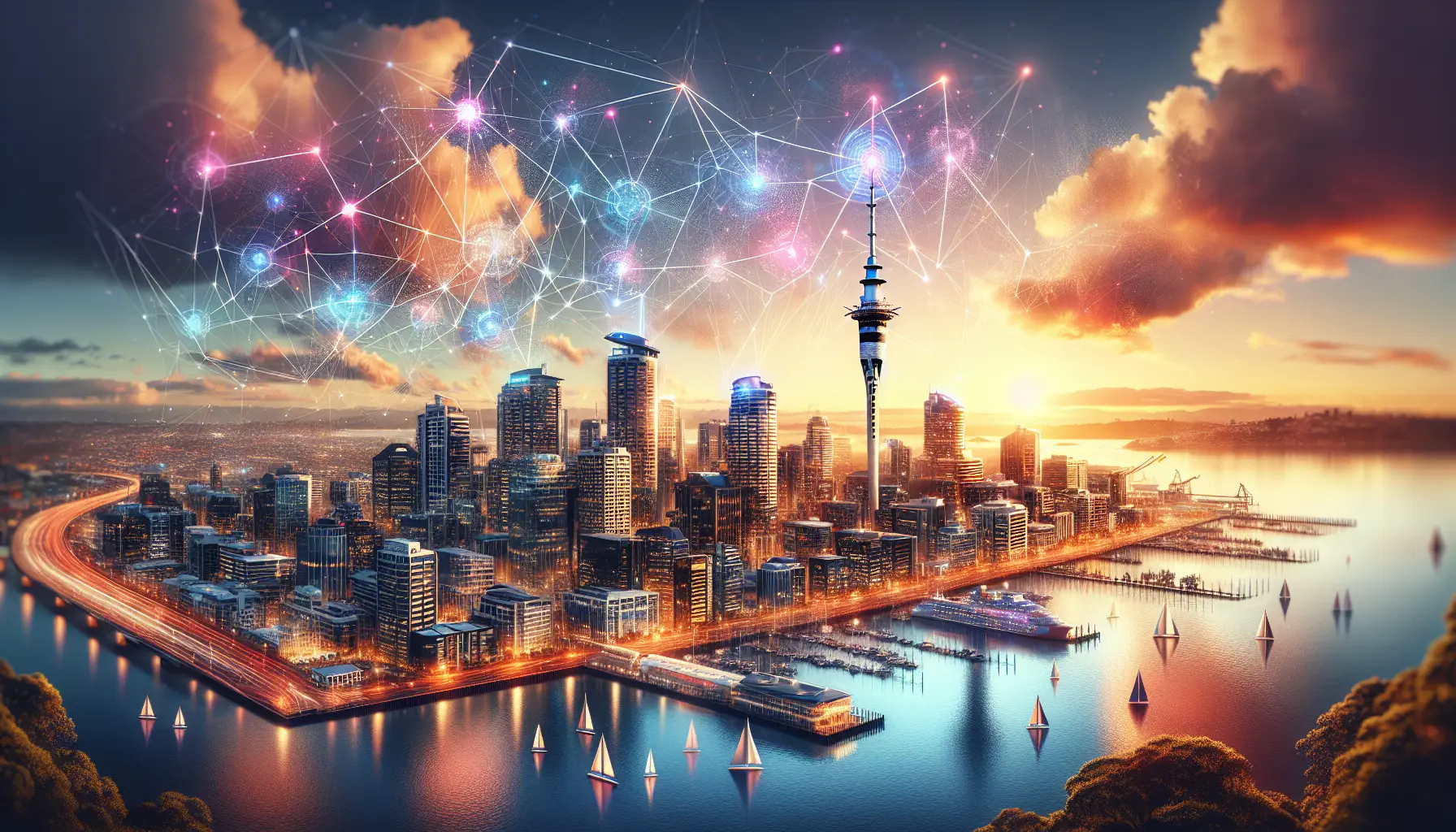 A vibrant digital network connecting the skyline of Auckland at sunset, symbolizing the power of digital marketing in transforming business growth.